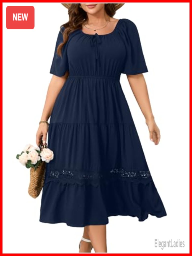 Women's Plus Size Maxi Dress Short Sleeve Square Neck Flowy A-Line Lace Trim